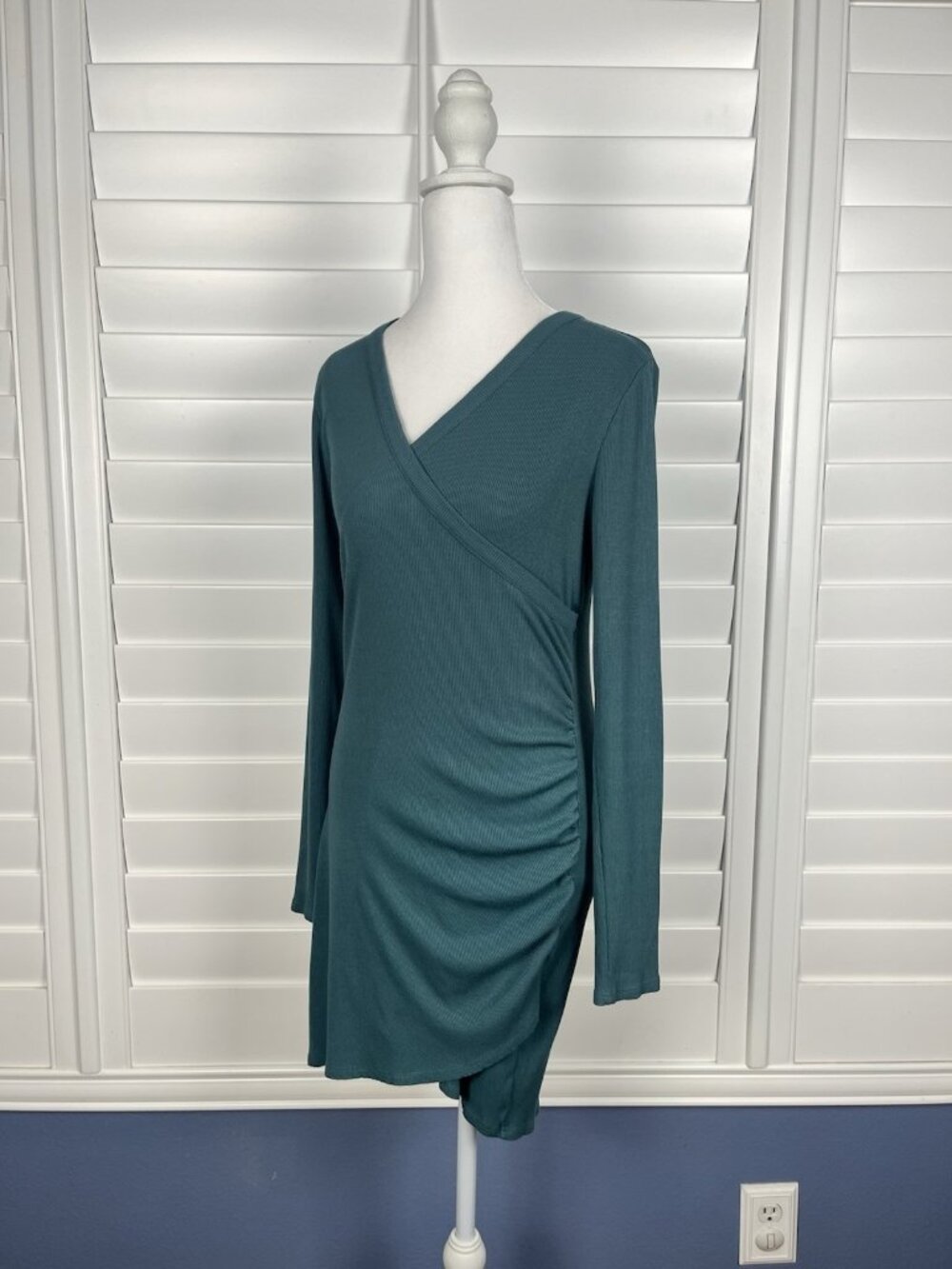 Cherish Teal Ribbed Wrap Midi Dress Ruched Long Sleeve Bodycon Large